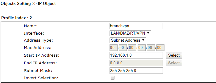 creating an IP object for the branch VPN network